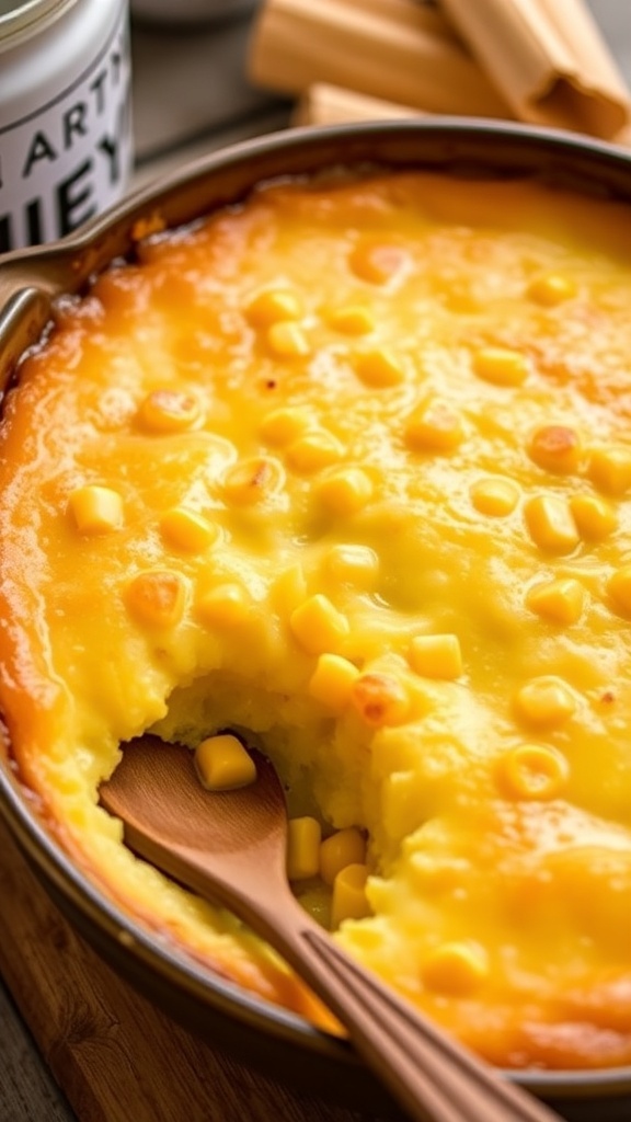 A golden brown corn pudding in a rustic baking dish, with a wooden spoon beside it.